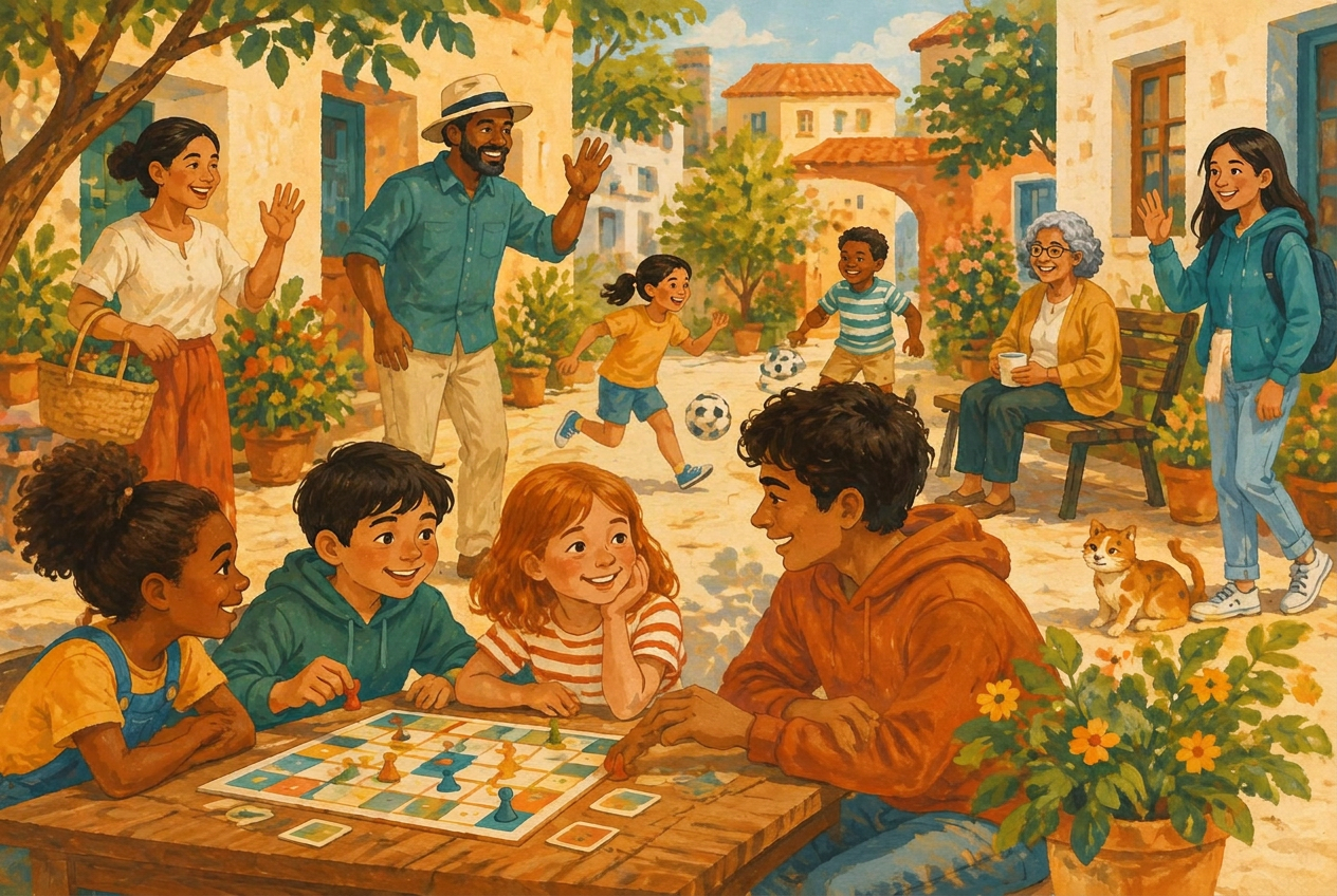 Enfants, adolescents et adultes partagent une cour ensoleillée : on se salue, on joue à un jeu de plateau.